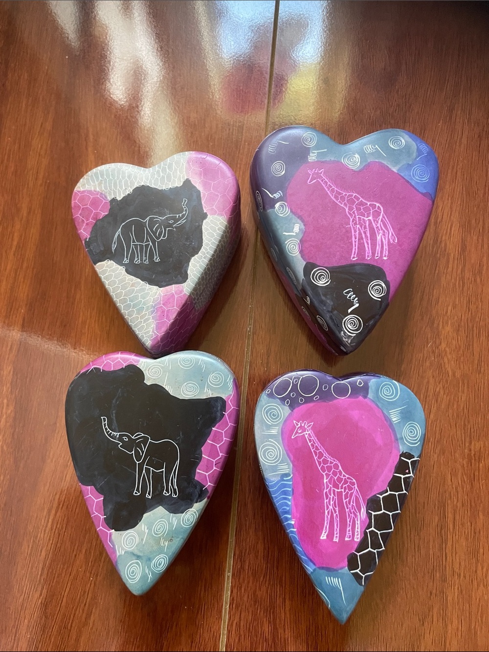 Hand-crafted in Kenya Heart Trinket Boxes with elephants and giraffes